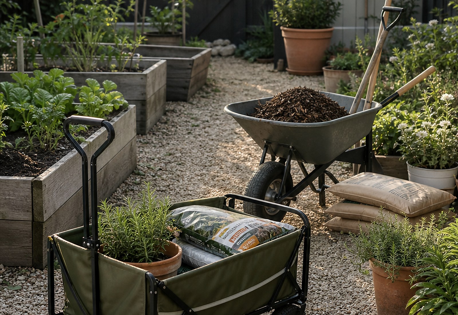 Garden cart and wheelbarrow on a tidy backyard path with raised beds.