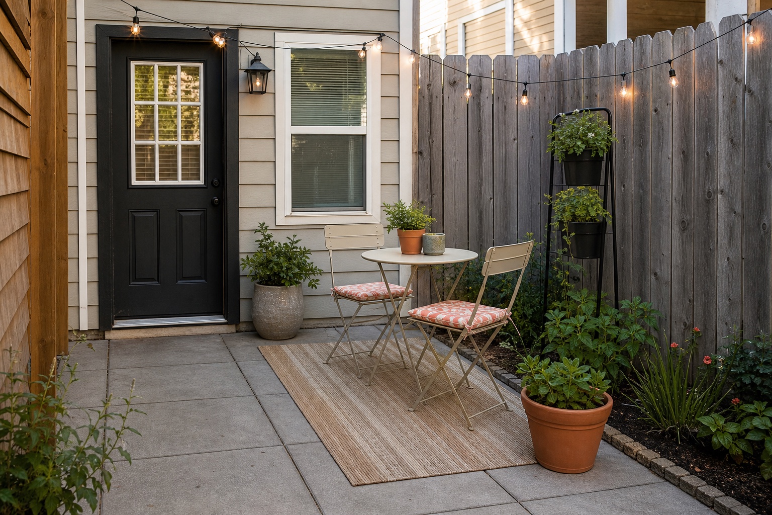 Compact backyard patio with a bistro table, two folding chairs, planters, an outdoor rug, and a clear walking route.